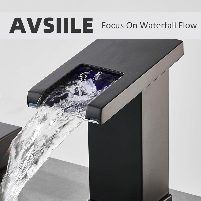 AVSIILE صنبور حمام LED 3 فتحات، صنبور حمام شلال باللون الأسود غير اللامع، صنبور حوض حمام حديث بعرض 8 بوصات وأجزائه، صنبور حوض حمام بلمسة واسعة بثلاث فتحات وذراعين - Image 3